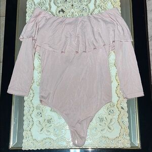 Aritzia Wilfred light pink ruffled off the shoulder thong bodysuit